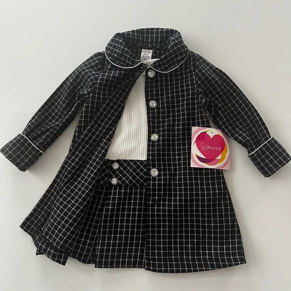 Youngland 2T 3T 4T Toddler Girl Coat Dress Set Outfit Black White NWT